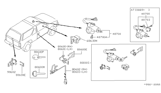 1992 Nissan Pathfinder Key Set-Cylinder Lock Diagram for K9810-61G00