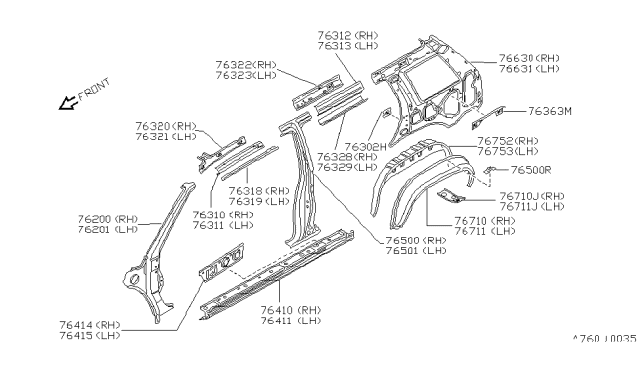 1994 Nissan Pathfinder Pillar Center LH Diagram for 76501-83P00