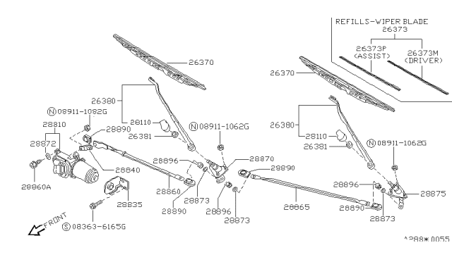 1993 Nissan Pathfinder Windshield Wiper Blade Assembly Diagram for 28890-34E05