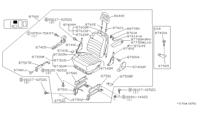 1993 Nissan Axxess Front Seat Armrest Assembly Left Diagram for 87750-40R01