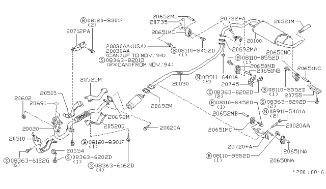 1991 Nissan Axxess Exhaust Muffler Assembly Diagram for 20100-31R20