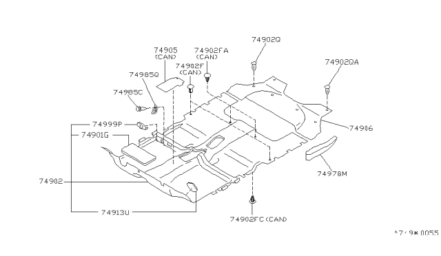 1993 Nissan Axxess Carpet-Floor Center L Diagram for 74913-30R01