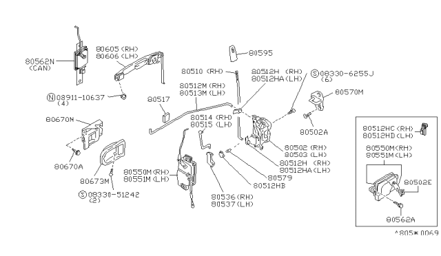 1994 Nissan Axxess Front Door Outside Handle Assembly, Left Diagram for 80607-30R21