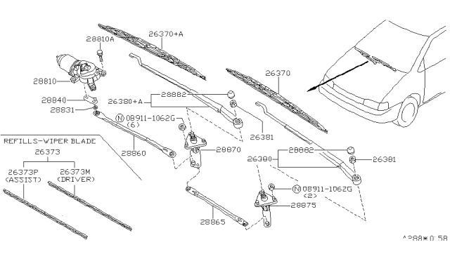 1990 Nissan Axxess Wiper Motor Arm Assembly Diagram for 28825-30R00