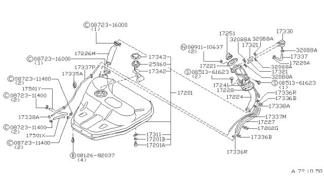 1981 Nissan Datsun 310 Fuel Tank Assembly Diagram for 17201-M7000