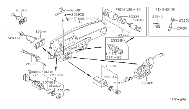 1980 Nissan Datsun 310 Switch Complete Diagram for 25560-M7900