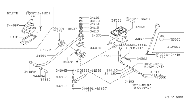 1981 Nissan Datsun 310 Lever Control Diagram for 34114-M7002