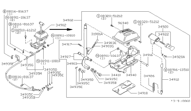 1982 Nissan Datsun 310 Control Cable Assembly Diagram for 34935-M8360