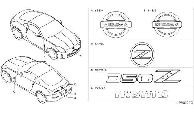2007 Nissan 350Z Front Fender Emblem Diagram for 63890-CD00A
