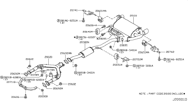 2006 Nissan 350Z Exhaust, Sub Muffler Assembly Diagram for 20300-CD000