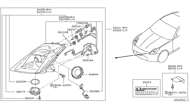 2005 Nissan 350Z Driver Side Headlight Assembly Diagram for 26060-CF40A