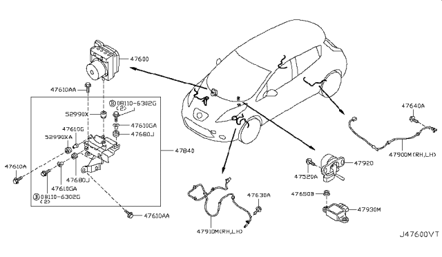 2012 Nissan Leaf Anti Skid Actuator Assembly Diagram for 47660-3NA1A