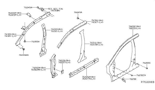 2017 Nissan Murano Brace Assembly Pillar Upper Hinge Diagram for G6261-5AAMA