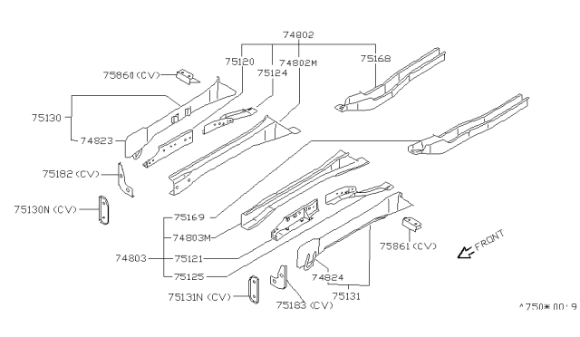 1991 Nissan 240SX Extension-Front Side Member,LH Diagram for 75175-59F00