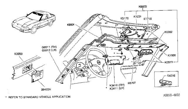 1993 Nissan 240SX Right Sun Visor Assembly Diagram for K3411-6X011