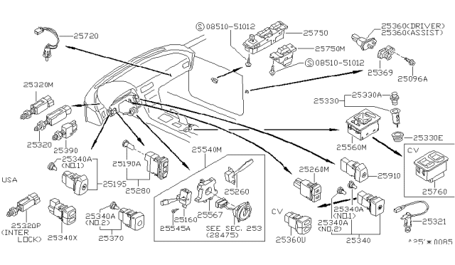 1992 Nissan 240SX Switch Assembly-Trunk Room Lamp Diagram for 25200-10V00