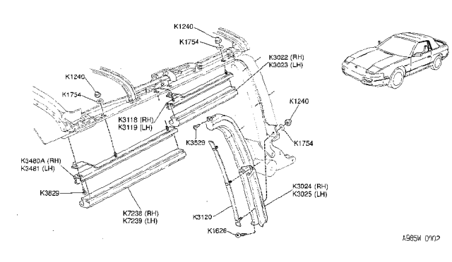 1992 Nissan 240SX Weatherstrip Assy-Rear Rail RH Diagram for K3024-6X001