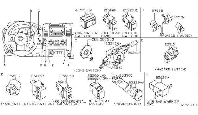 2015 Nissan Xterra Switch Assy-Combination Diagram for 25560-9CH4A