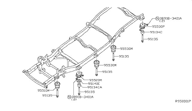 2015 Nissan Xterra INSULATOR-Body Mounting, 1ST Diagram for 95510-9CA0A