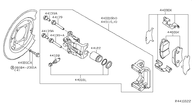2009 Nissan Xterra CALIPER Assembly-Rear RH,W/O Pads Or SHIMS Diagram for 44001-EA04A