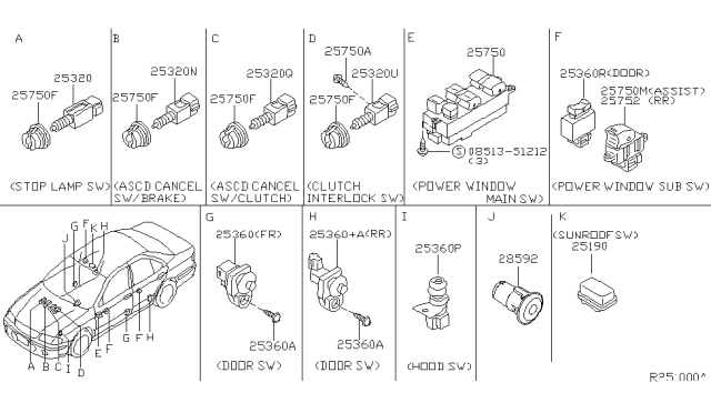 2001 Nissan Sentra Switch Assy-Power Window,Main Diagram for 25401-5M000