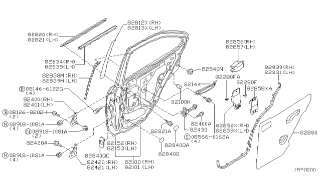 2001 Nissan Sentra Weatherstrip-Rear Door,RH Diagram for 82830-4Z300