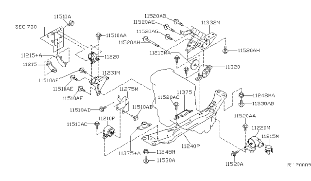 2001 Nissan Sentra Engine & Transmission Mounting Diagram 7