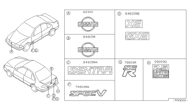 2002 Nissan Sentra Body Side Name Label Diagram for 80894-6Z200