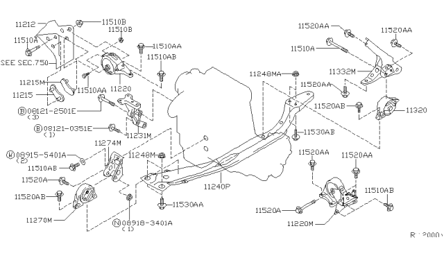 2001 Nissan Sentra Engine & Transmission Mounting Diagram 3