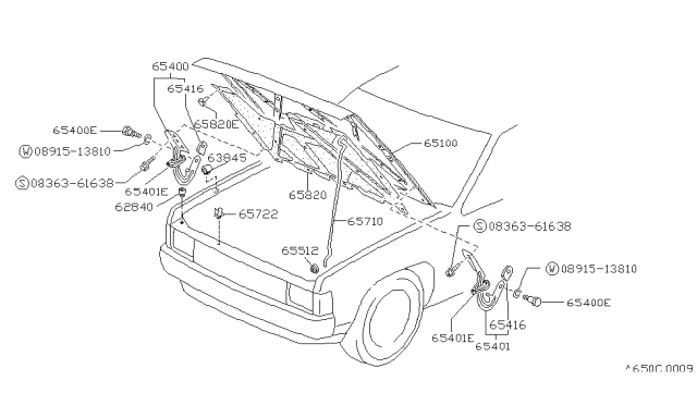 1994 Nissan Hardbody Pickup (D21) Hood Panel,Hinge & Fitting Diagram