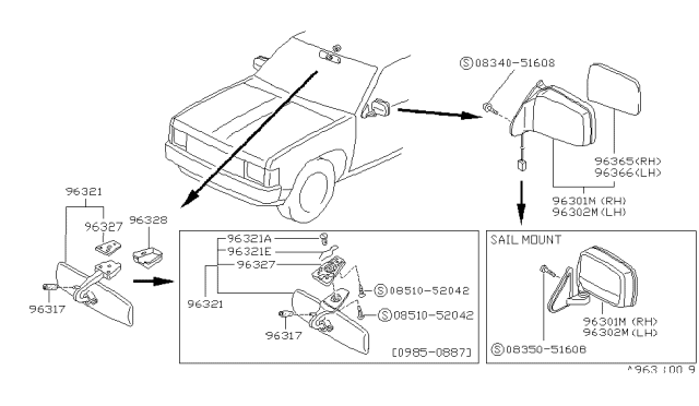 1991 Nissan Hardbody Pickup (D21) Rear View Mirror Diagram