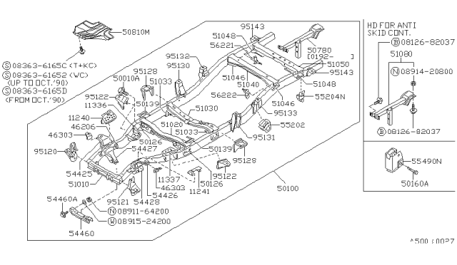 1992 Nissan Hardbody Pickup (D21) Member Cross Rear Assembly Diagram for 50780-23G00
