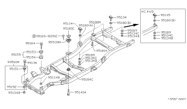 1992 Nissan Hardbody Pickup (D21) Rubber-Body Mounting Upper Diagram for 95530-01G00