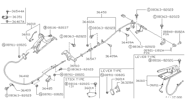 1993 Nissan Hardbody Pickup (D21) Cable Park Brake Diagram for 36400-32G01