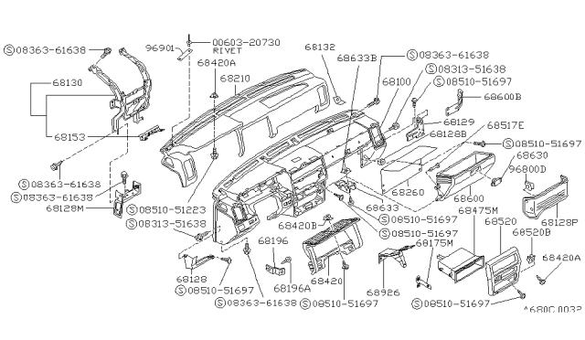 1994 Nissan Hardbody Pickup (D21) Instrument Panel,Pad & Cluster Lid Diagram 1