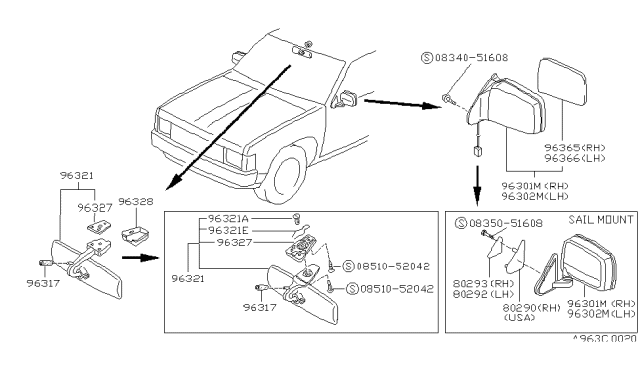 1994 Nissan Hardbody Pickup (D21) Rear View Mirror Diagram