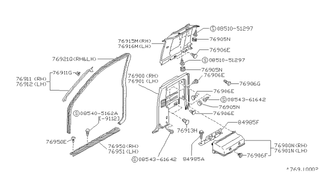1993 Nissan Hardbody Pickup (D21) Finisher-Lock Pillar,Upper RH Diagram for 76934-57G60