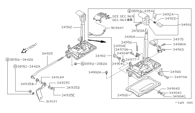 1989 Nissan Hardbody Pickup (D21) Transmission Control Device Assembly Diagram for 34901-09G15