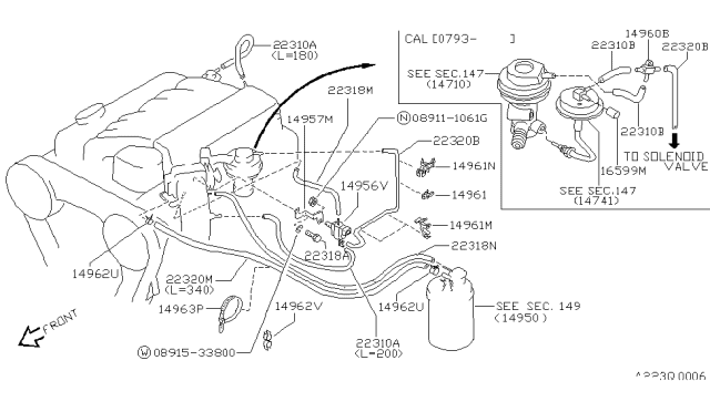 1993 Nissan Hardbody Pickup (D21) Engine Control Vacuum Piping Diagram 2