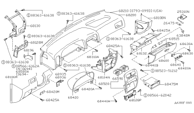 1994 Nissan Hardbody Pickup (D21) Panel & Pad Assy-Instrument Diagram for 68200-75P00