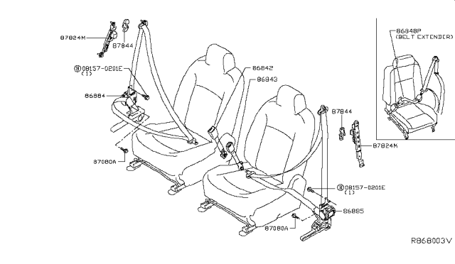 2015 Nissan Rogue Tongue Belt Assembly, Pretension Front Right Diagram for 86884-4BA8A