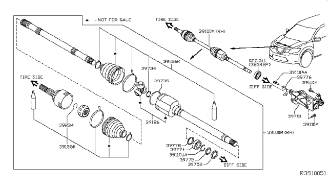 2017 Nissan Rogue Shaft Front Drive Diagram for 39100-4BA6A