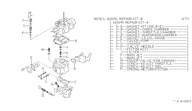 1985 Nissan Pulsar NX Repair Kit A Diagram for 16009-33M10
