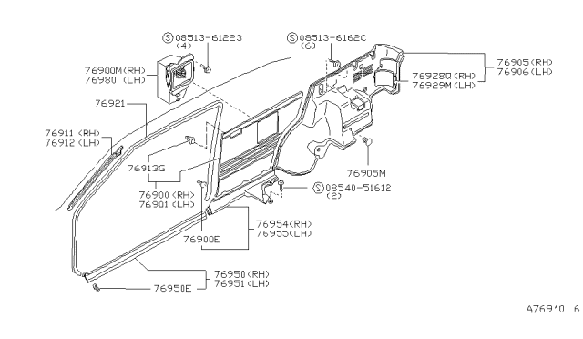 1985 Nissan Pulsar NX GARNISH-Pillar LH Diagram for 76912-31M62