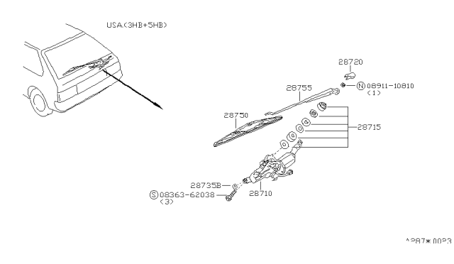 1985 Nissan Pulsar NX Rear Window Wiper Arm Assembly Diagram for 28781-04M00