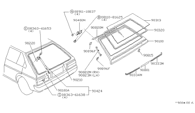 1983 Nissan Pulsar NX Hinge Tail Glass Diagram for 90400-41S00
