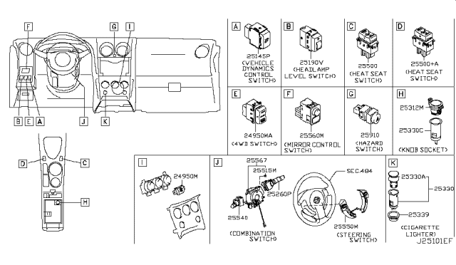 2008 Nissan Rogue Switch Assy-Turn Signal Diagram for 25540-EE90A