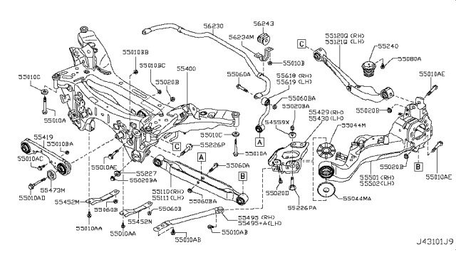 2015 Nissan Rogue Arm Rear Suspension RH Diagram for 55501-JG02B