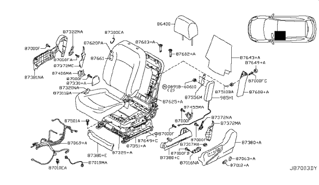 2008 Nissan Rogue Trim Assembly - Front Seat Back Diagram for 87670-JM20C