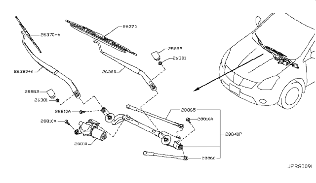2014 Nissan Rogue Front Right Windshield Wiper Blade Assembly Diagram for 28890-JM01A